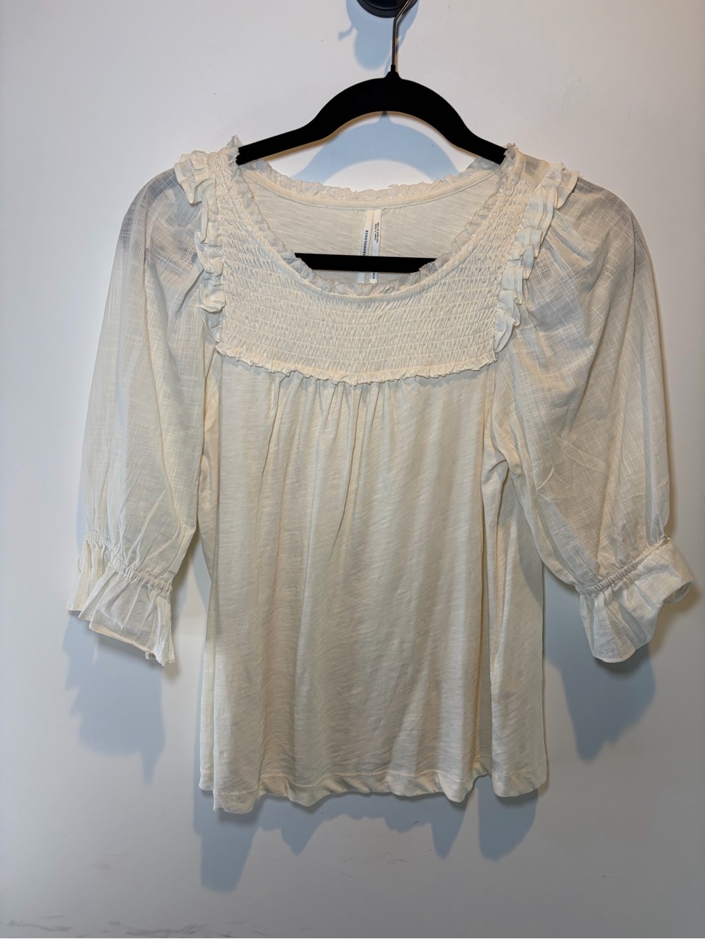 Anthropologie Cream Smocked Ruffle Yoke Blouse